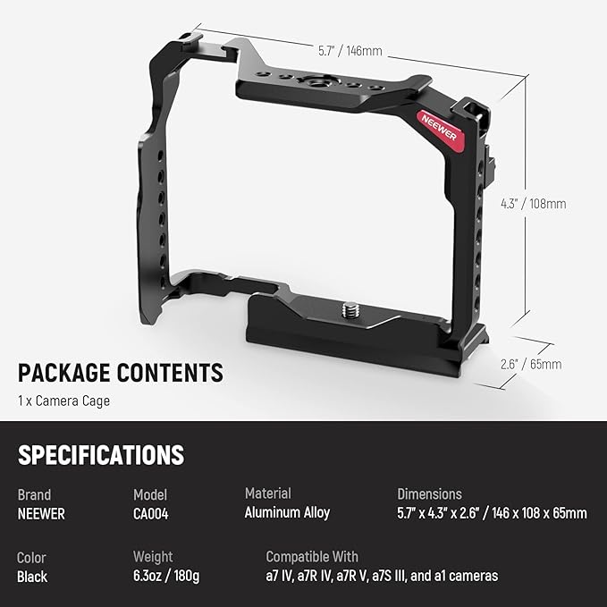 NEEWER Full Camera Cage Compatible with Sony a7R V/a7R IV/a7 IV/a7S III/a1, Aluminum Video Camera Rig with Full Access/Arca Type QR Base for Quick Switch, Compatible with DJI RS Stabilizers, CA004