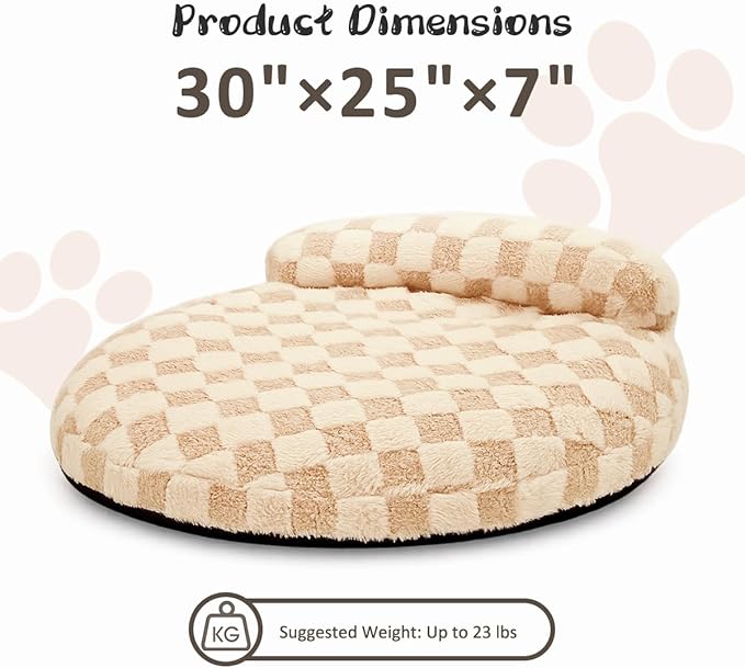 Orthopedic Dog Bed for Medium Small Dogs and Cats Calming Pillow Pet Couch Sofa Puppy Bed with Removable Washable Cover Oval 3D Checkered Plush Pet Furniture 30x25x7 Indoor Beige