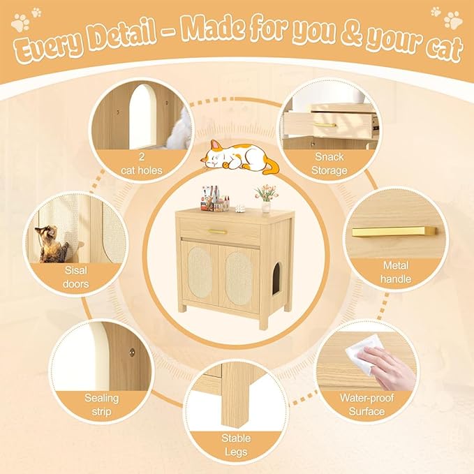 Cat Litter Box Enclosure Furniture, Hidden Litter Box Cabinet Cat House Side Table with Drawer & Sisal Scratch Pads, Wooden Pet Furniture for Living Room, Bedroom,Natural