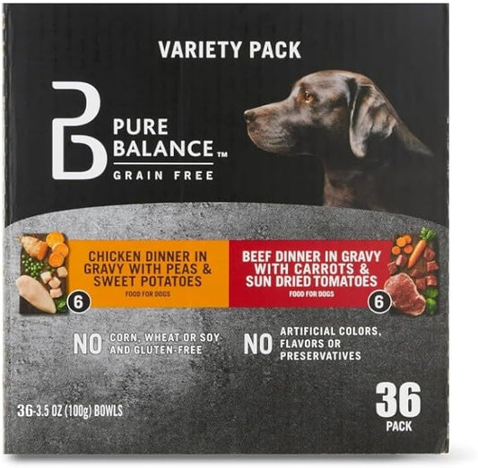 (3 Pack) ~ Pure Balance Grain Free Chicken Dinner in Gravy & Beef Dinner in Gravy Wet Dog Food Variety Pack ~ 3.5 Oz ~ 12 Count ~ (36 of 3.5 Oz Cups).