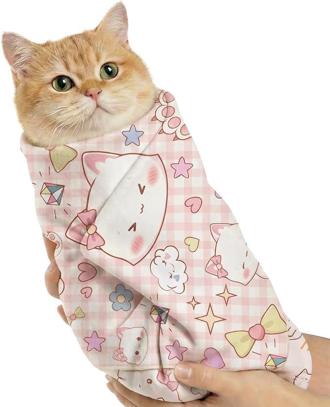 BFNN Cat Grooming Wrap for Cutting Nails, 27.6" Anti-Escape Calming Cat Swaddle Wrap for Medicine, Nail Clipping, Teeth Brushing, Ear Cleaning, Self-Adherent Burrito Restraint, (Happy Kitty, L)