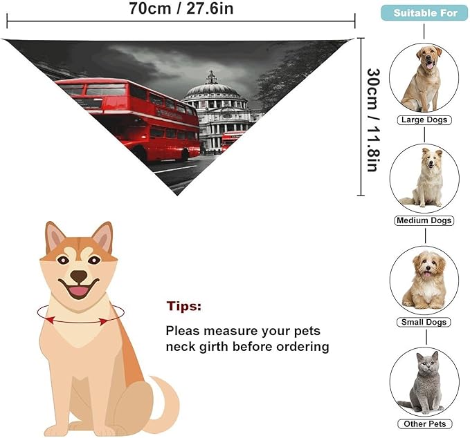 Dog Bandana Spring Pet Scarf Adjustable Triangle Red Bus Printing Dog Bib Washable Polyester Puppy Bandana for Small Medium Large Dogs Cat Birthday Party Supplies