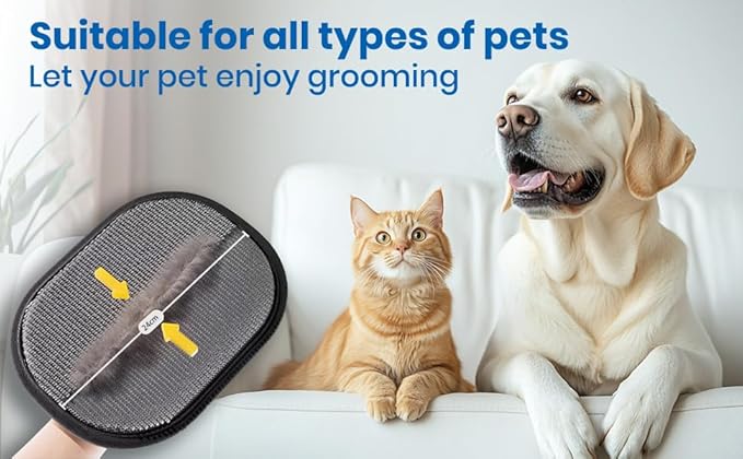 2 pair of electrostatic pet hair removal gloves - Black polypropylene cat grooming reusable with yellow decoration - Essential for cat and dog pet grooming - Durable accessory for easy cleaning