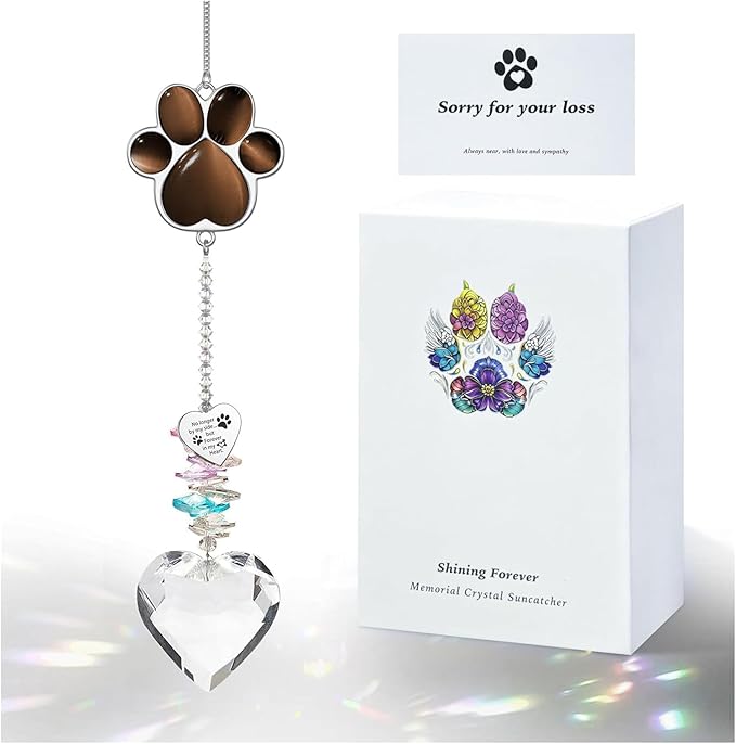 Pet Memorial Suncatcher - Dog Memorial Gifts, Pet Loss Sympathy, Thoughtful Dogs and Cats Condolence Bereavement Remembrance Gifts, Chrysoberyl Cat's Eye Stone Paw Crystal Suncatcher