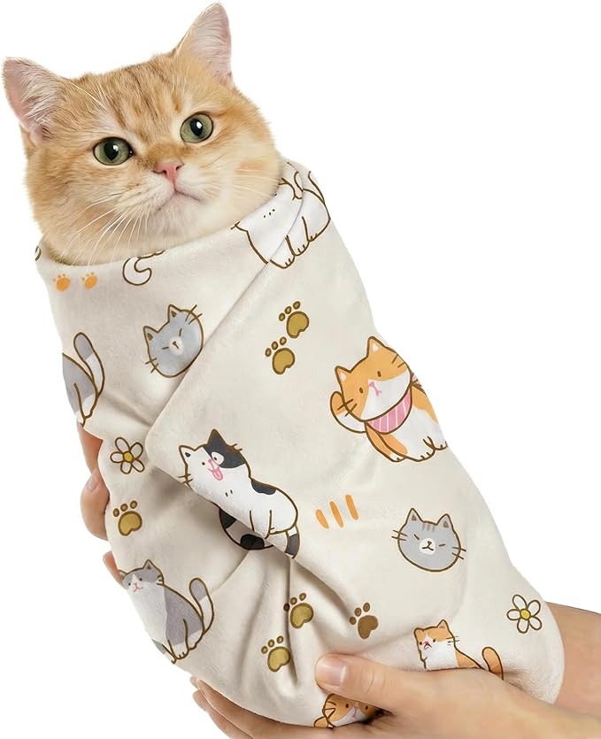 BFNN Cat Grooming Wrap for Cutting Nails, 31.5" Anti-Escape Calming Cat Swaddle Wrap for Medicine, Nail Clipping, Teeth Brushing, Ear Cleaning, Self-Adherent Burrito Restraint, (CatLand, XL)