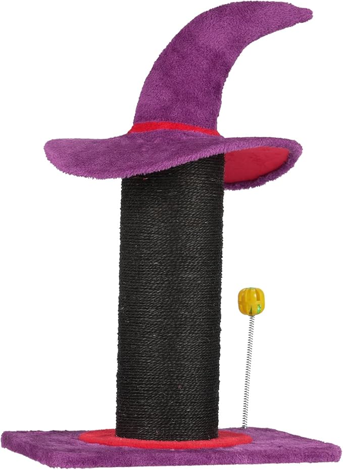 Witch Hat Cat Tree, Halloween Cat Scratching Post with Spring Ball Toy, 24 Inch Purple Cat Tower for Indoor Cats, Sisal-Covered Pet Furniture with Wizard Hat Topper
