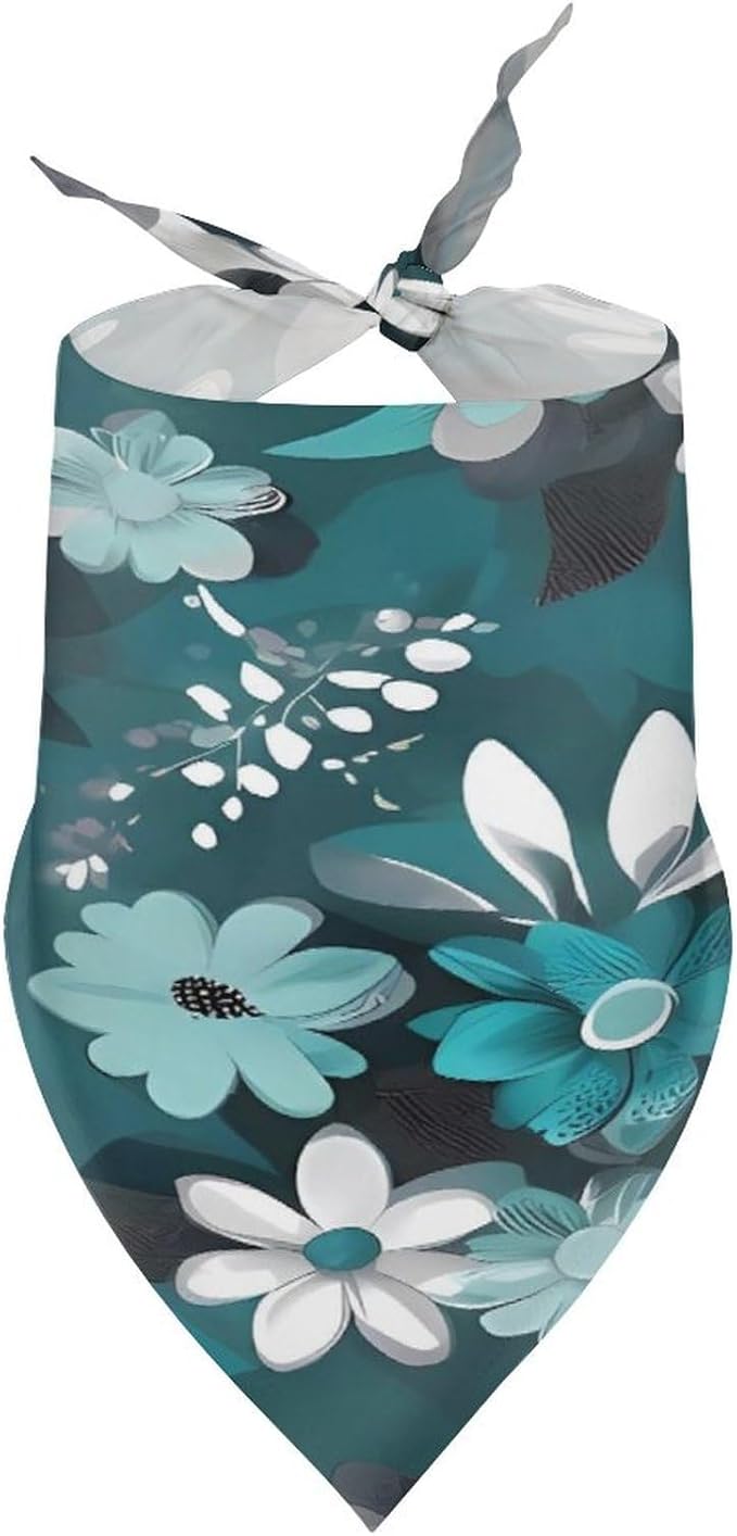 Dog Bandana Spring Pet Scarf Adjustable Triangle Teal Grey and White Floral Printing Dog Bib Washable Polyester Puppy Bandana for Small Medium Large Dogs Cat Birthday Party Supplies