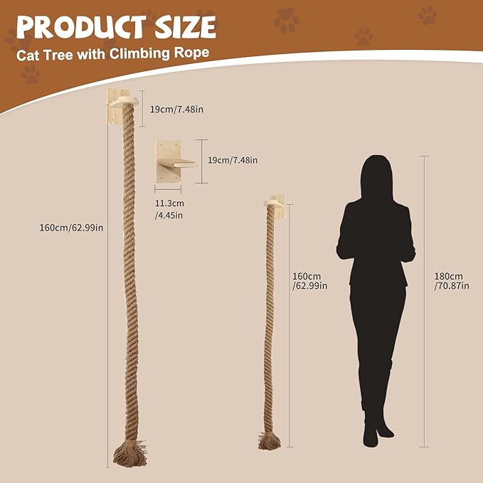 Cat Scratching Post Wall-Mounted Cat Ladder, Cat Tree with Durable Climbing Rope & Space-Saving Cat Furniture for Indoor Cats - Easy Installation & Sturdy Design
