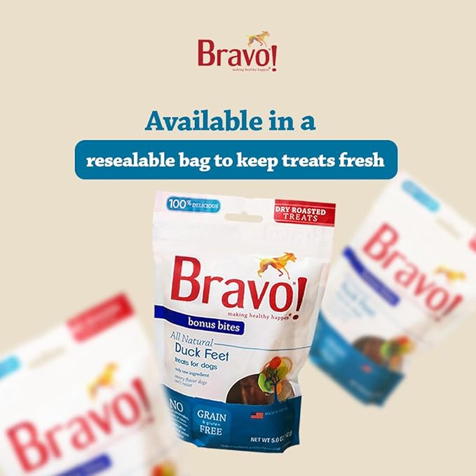 Bravo! Bonus Bites Single Ingredient Dry Roasted Dog Chews, Duck Feet, 5 Ounce, High Protein, Grain Free, Gluten Free