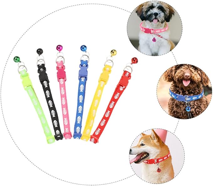 6pcs Fishbone Pattern Pet Collar Set with Bell, Mixed Colors Cat and Puppy Collar, Lightweight Outdoor Household Kitten and Dog Supply Random Color