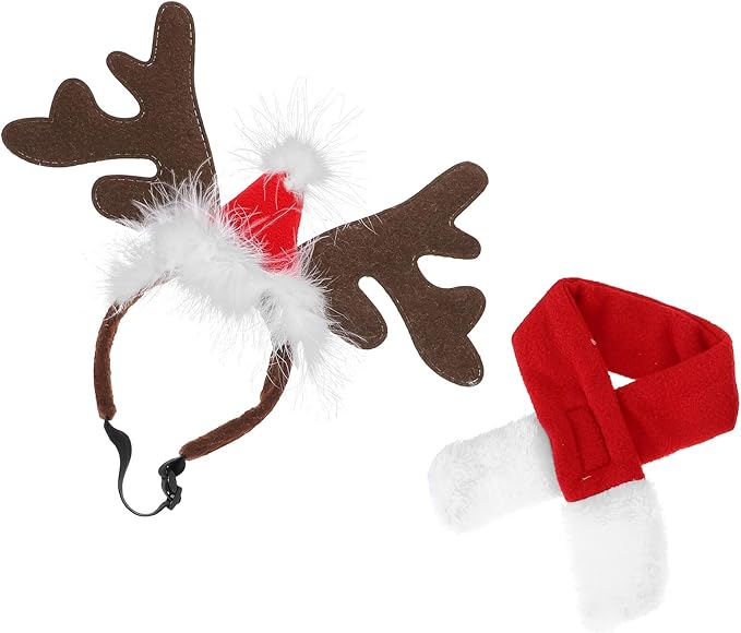 Pet Christmas Hat and Scarf Set with Reindeer Antler Headdress, Small Size Cotton Blend Xmas Costume Accessory for Puppies and Kittens Holiday Party Supplies