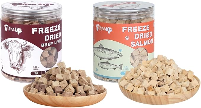 PAWUP Freeze-Dried Dog Treats Beef Liver & Salmon Single Ingredient Raw Dog Food Toppers, Healthy Training Treats for Dogs,3.8 oz