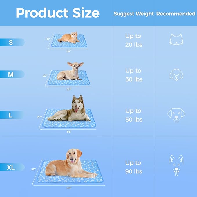 Rywell Self-Cooling Mat for Dogs Small,Cats,Rabbit&Guinea Pig cage Liners 24'' x 18''- Endothermic Color Changing Arc-Chill Cooling Fiber - Washable Non-Toxic Summer Pet Bed, Non-Slip, Foldable