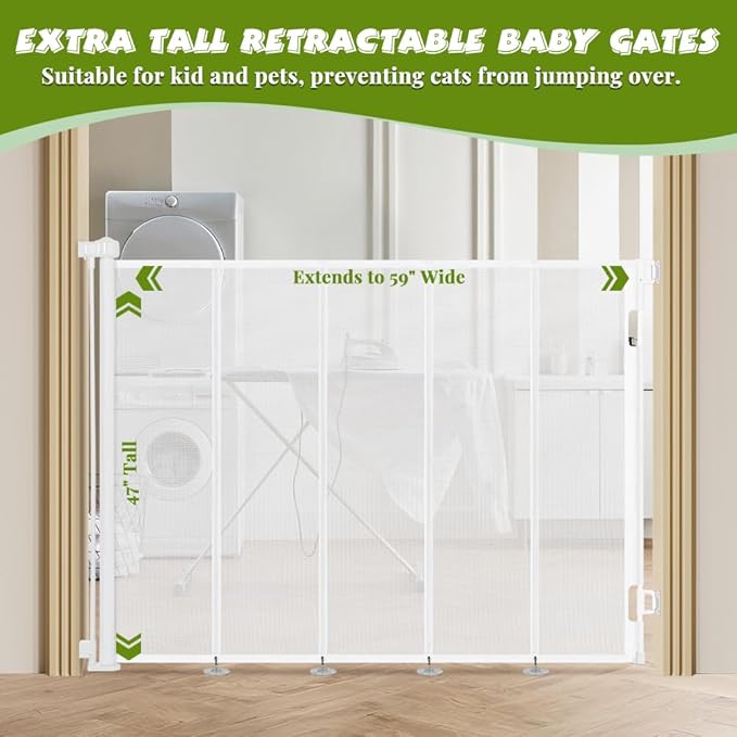47" Extra Tall Retractable Baby Gates, Extends to 59" Wide, ExtraTall Retractable Safety Gate with Reinforced Strips, Retractable Tall Dog Gates for Doorways Mesh Baby Pet Gates Indoor, White