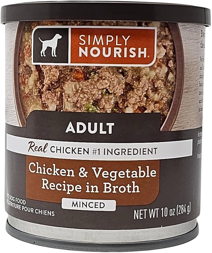 SIMPLY NOURISH Adult Chicken & Vegetable Recipe in Broth Minced. Four Ten Ounce Cans and Biggs Dog Waste Bags.