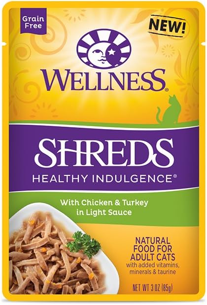 Wellness Healthy Indulgence Natural Grain Free Wet Cat Food, 3-Ounce Pouch (3) Shred Chicken & Turkey, (3) Shred Skipjack Tuna & Shrimp, (3) Gravie Chicken & Turkey, (3) Gravie Tuna & Mackerel (12 PK)