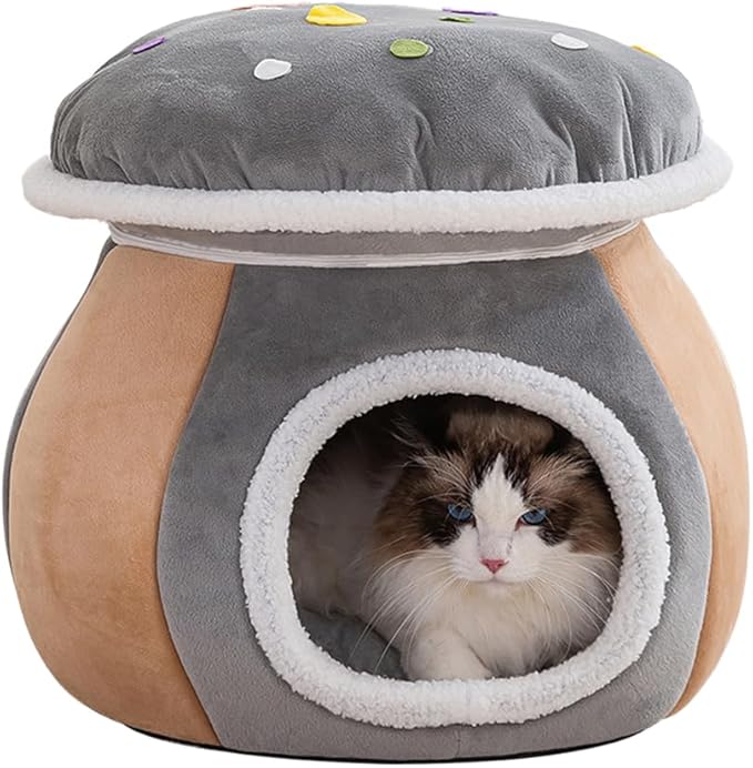 Cute Mushroom Cat House Cat Cave Bed for Indoor Warm Dog nest with Detachable Cushion for Puppy and Kitten
