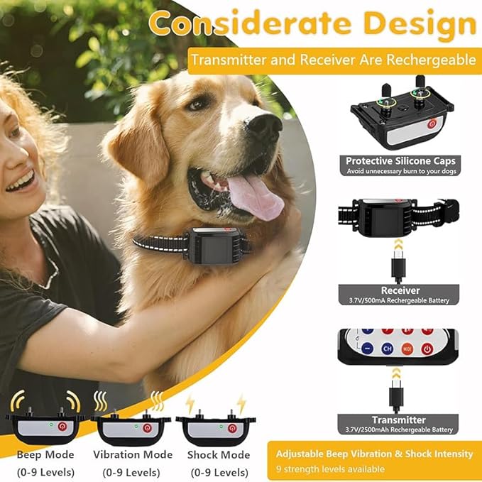 Wireless Dog Fence, 2024 Pet Boundary Containment System, Electric Dog Fence & Remote Training Collar 2in1, Adjustable Vibration & Shock, IP65 Waterproof Collar for Large and Medium Dogs ,for4dogs