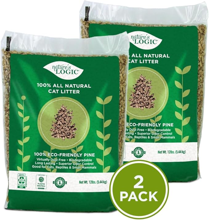Nature's Logic 100% Natural Pine Pellet Cat Litter - 100% Ponderosa Pine, Dust-Free, Unscented, Biodegradable - Safe for Cats, Kittens, Reptiles & Small Pets - Highly Absorbent - 12 lb Bag (Pack of 2)