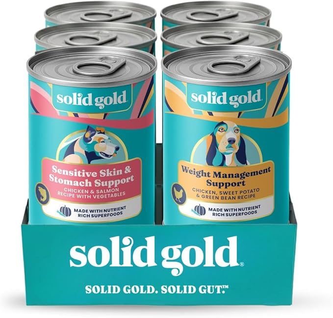 Solid Gold Wet Dog Food Variety Pack for Picky Eaters - Fit & Fabulous Chicken + Leaping Waters Chicken & Salmon Grain Free Canned Dog Food - Made with Real Protein for Sensitive Stomachs - 6 Pack