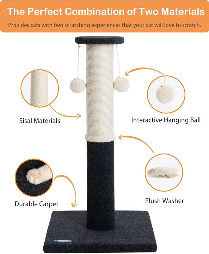34-Inch Tall Cat Scratching Post for Indoor Cats, Komicoll Large Scratch Post, Sisal Cat Scratcher, Sturdy and Durable Cat Post with Hanging Ball