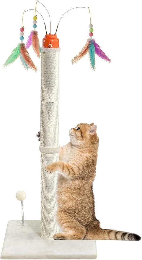 Cat Scratching Post ，42.5" Tall Heavy Duty Cat Scratcher Posts with Automatic Teaser Wand Cat Toys，Interactive Automatic Rotating Hanging Balls for Indoor Large Cats
