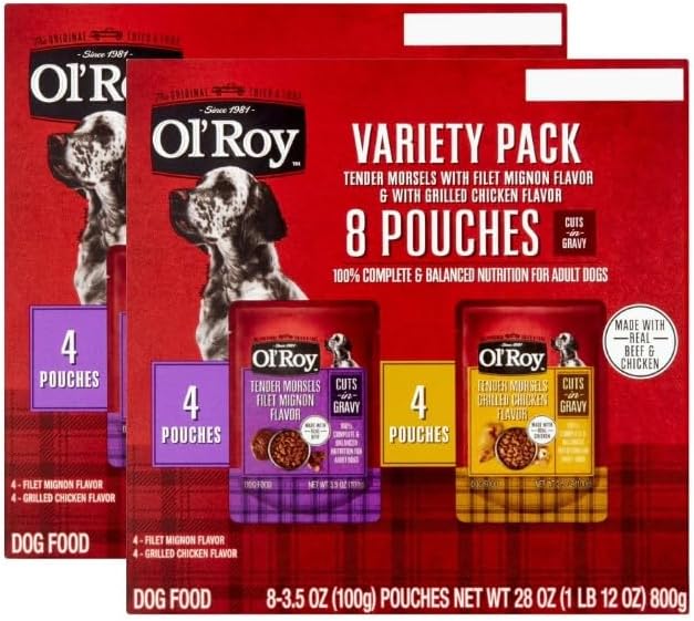 Ol's~Roys Cuts in Gravy Wet Dog Food Variety Pack, Tender Morsels Filet Mignon Flavor and Tender Morsels Grilled Chicken Flavor, 3.5 Oz ~ 8 Count ~ (2 Pack)