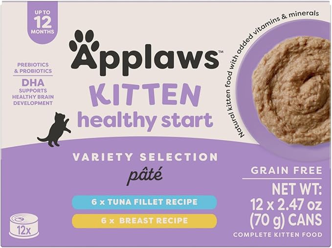 Applaws Kitten Healthy Start Natural Wet Cat Food, Real Protein Wet Food for Cats with No Artificial Additives, Variety Selection in Pate (12x2.47ozCans)