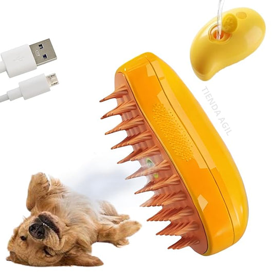 Hair Brush for Pets with Steam Function, Soft Rubber Bristles, Water or Essential Oil Reservoir, Non-Slip Grip, Easy Cleaning, for Dogs and Cats (Yellow)