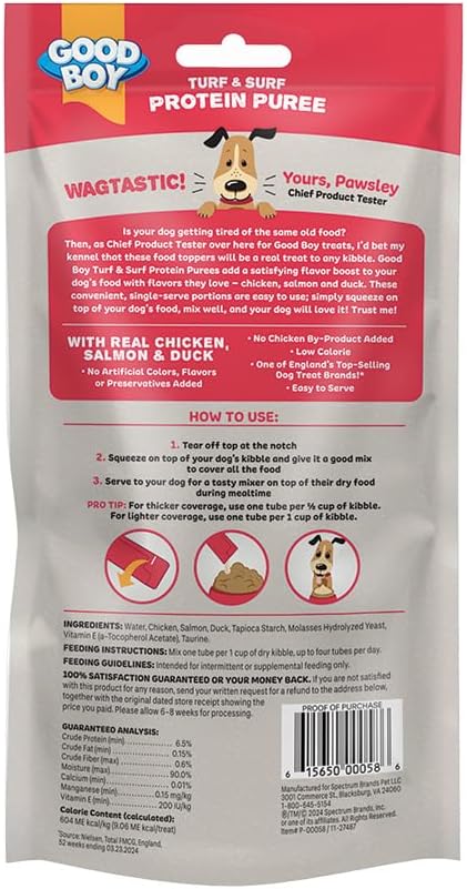 Good Boy Turk & Surf Protein Purees Dog Food Mixers for All Adult Dogs, 10 Count, Easy Single-Serve Triple Flavor Topper Treats with Chicken, Salmon and Duck