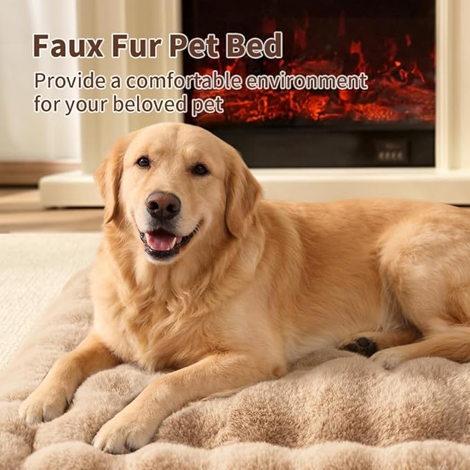 Self-Warming Dog Bed, Plush Faux Fur Mat with Anti-Slip Bottom, Ultra Soft Heated Pet Bed for Medium Large Dogs, Cozy Fluffy Pad for Carriers Couch Crate, Machine Washable, 35 x 27 Inch Coffee
