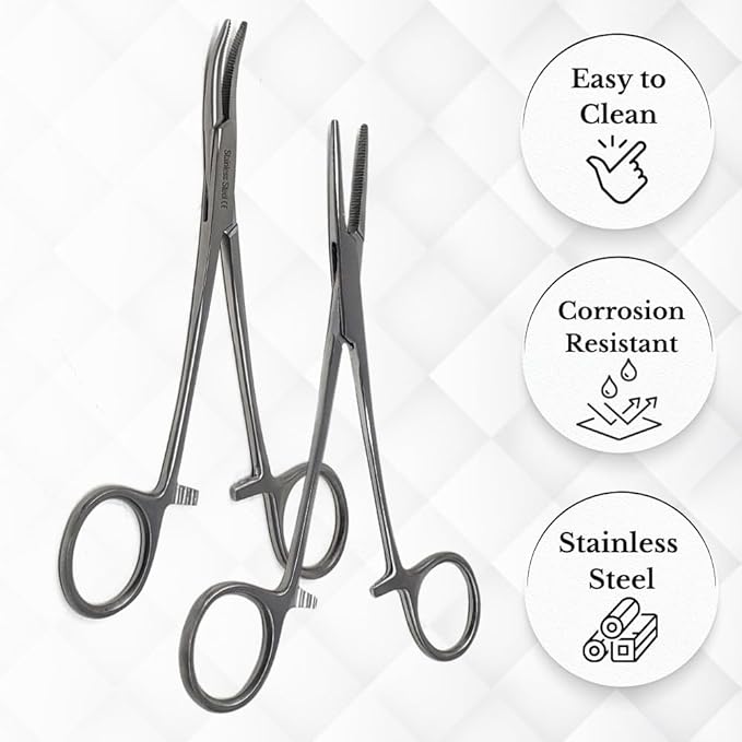 HTI Set of 2 Pcs Dog Cat Pet Hair Puller Remover Stainless Steel Hemostat Locking Forceps 5.5" Straight and Curved Full Serrated (Silver)