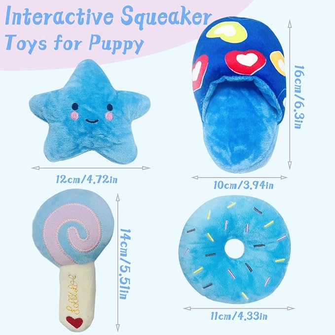 Dog Toys for Small Dogs, 4 Packs Cute Chew Toys for Puppy, Durable Soft Plush Small Dog Toys, Blue Stars Designs, Puppy Teething Toys