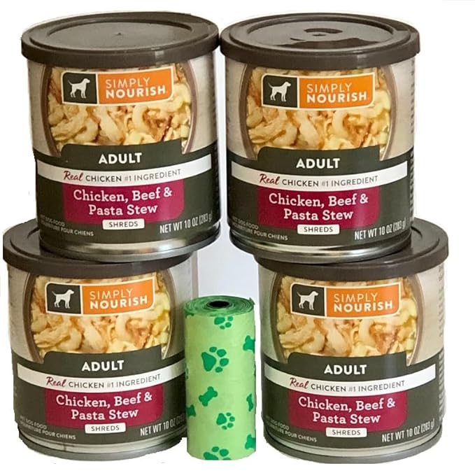 Simply Nourish Adult Dog 4-10 ounce Cans. Chicken, Beef & Pasta Stew Shreds Plus Dog Waste Bag.