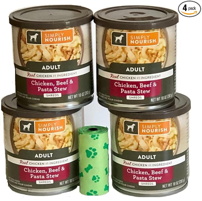 Simply Nourish Adult Dog 4-10 ounce Cans. Chicken, Beef & Pasta Stew Shreds Plus Dog Waste Bag.