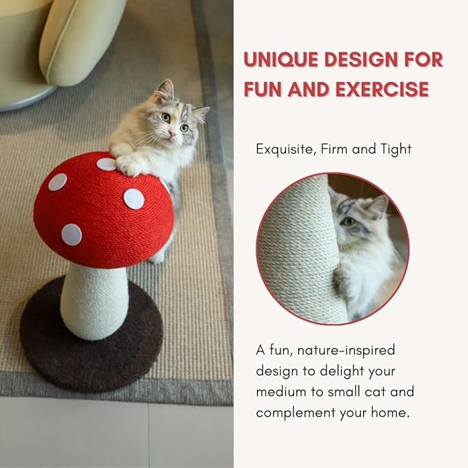 Mushroom Cat Scratching Post - Unique Design, Sisal-Wrapped, Ideal for Medium and Small Cat, Cat Scratcher Cute with 100% Sisal Covered Scratching Post
