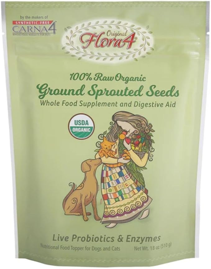 CARNA4 Flora4 Sprouted Seeds Food Topper for Dogs & Cats, Original Blend with sprouted Flaxseed, Rich in Natural Probiotics & Digestive Enzymes, Synthetic-Free Whole Food Supplement 18oz