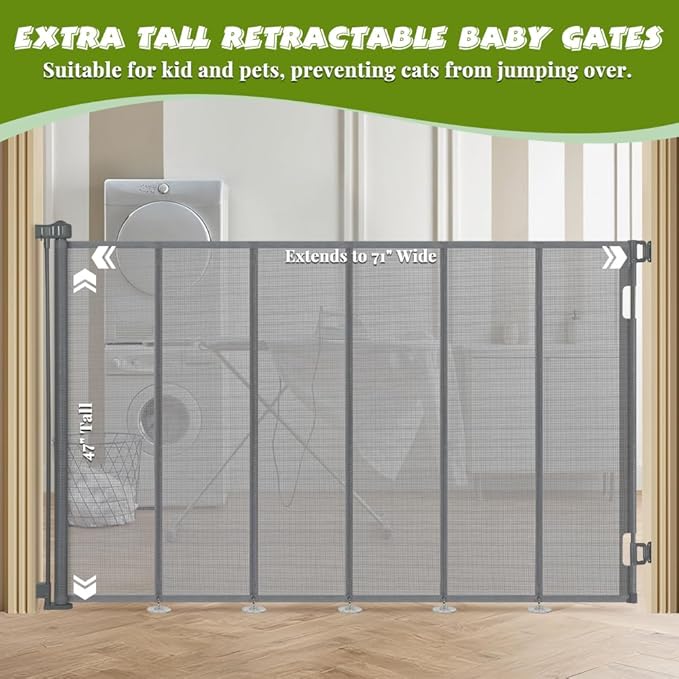 47" Extra Tall Retractable Baby Gates, Extends to 71" Wide, ExtraTall Retractable Safety Gate with Reinforced Strips, Retractable Tall Dog Gates for Doorways Mesh Baby Pet Gates Indoor, Grey