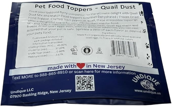 Undique Quail Dust Dog Food Topper & Cat Food Topper - Natural Pet Food Seasoning with Quail Eggshells & Meat & Egg, Rich in Protein, Calcium, Vitamins & Minerals for Enhanced Digestion & Bone Health