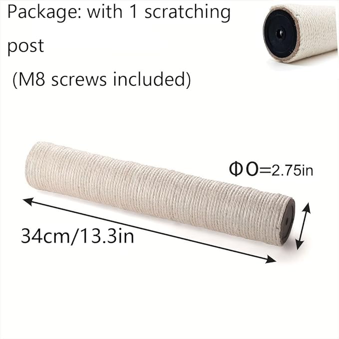 M8 Cat Scratching Post Replacement,13.4Inch Sisal Pole Cat Tree Replacement Post with Screws,DIY Scratcher,Pad, Crafts Gardening Hammock Home Decorating (White, M8*1poles*34cm/13.1inch)