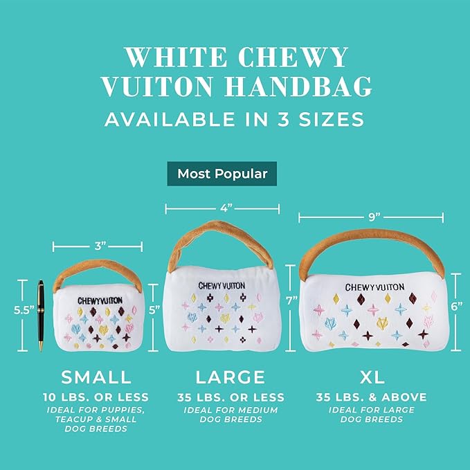 Haute Diggity Dog White Chewy Vuiton Handbag, Plush Designer Dog Toys with Interactive Squeaker, Stimulating Pet Enrichment, Machine-Washable & Safe Materials for All Breeds, Size Small