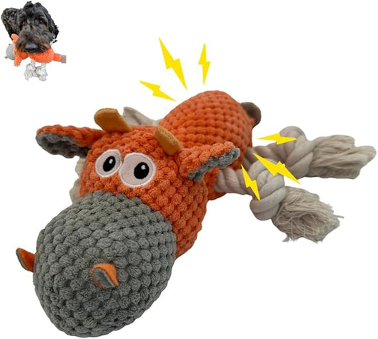 Large Dog Toy - Orange Cow Squeaky Dog Toys for Large Dogs, Med and Small Dogs. Durable with Pineapple Plush Fabric, Rope Legs, Hidden Seams, Reinforced Stress Points, Embroidered Eyes