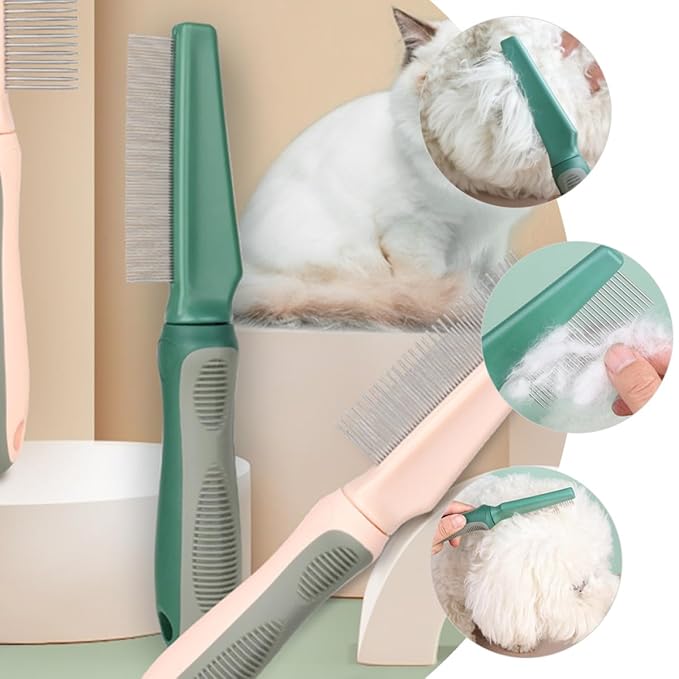 Dog Cat Grooming Comb with 78 Fine Teeth, Olive Green Dematting Comb for Removing Loose Fur and Tangles, Wear-Resistant Portable Pet Grooming Tool for Dogs and Cats
