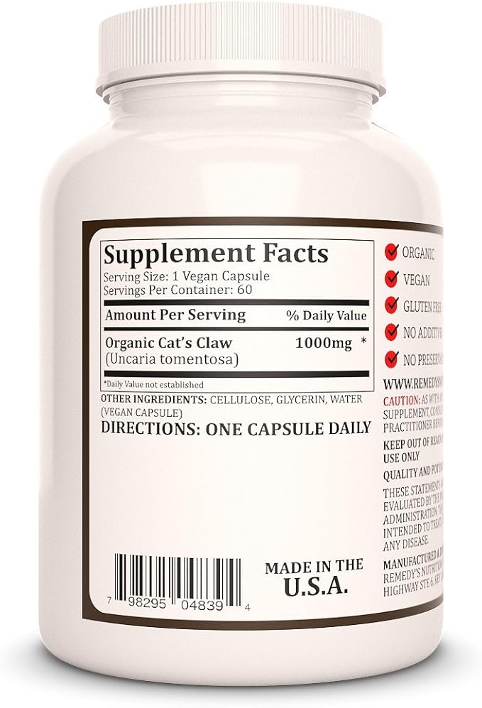 Remedy’s Nutrition Cat’s Claw Bark & Root | 1,000 mg, 60 Vegan Capsules Herbal Dietary Supplement | Two Month Supply