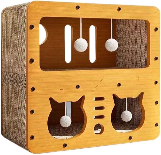Multi-Function Cat Scratcher House Box,3-in-1 Scratch Pad and Soft Bed & Play Cave with Toys, Durable Build & Ideal for Cats/Kitty (Yellow,MD-CAT2)