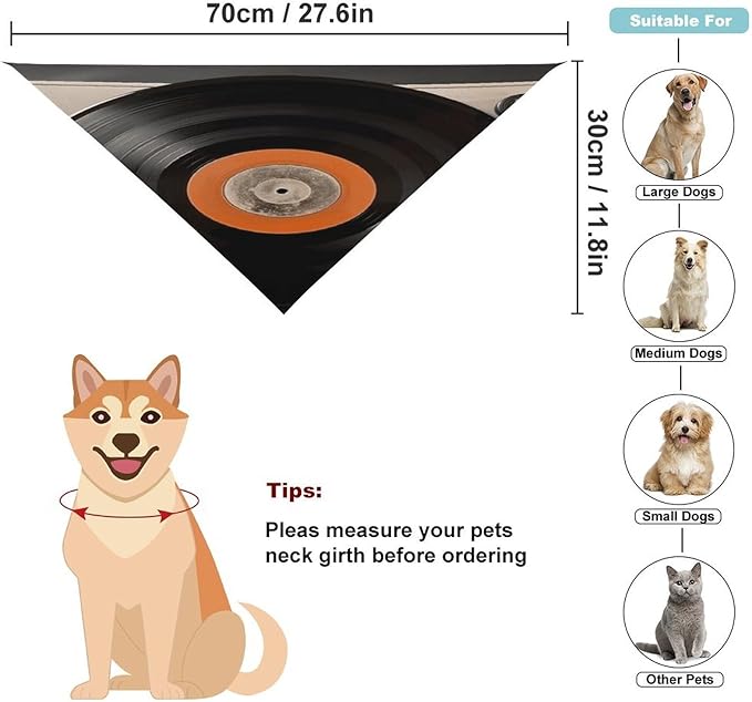 Dog Bandana Spring Pet Scarf Adjustable Triangle Vintage Vinyl Record Printing Dog Bib Washable Polyester Puppy Bandana for Small Medium Large Dogs Cat Birthday Party Supplies