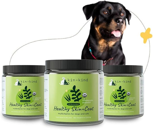 kin+kind Skin and Coat Supplement for Dogs & Cats – Natural Vitamin Supplements with Organic Ingredients for Shiny Fur, Moisturized Skin & Overall Pet Wellness – Dog Essentials & Cat Essentials 3x8 oz