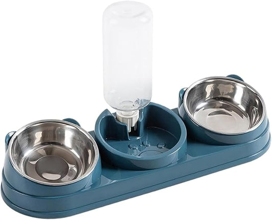 Elevated Double Bowl Pet Feeders with Automatic Water Dispenser Antislip Base for Dog Cats Daily Feeding Watering Supply - Deep Blue - Steel Bowl