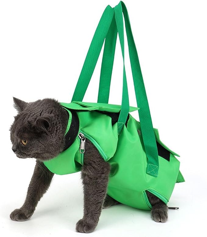 Cat Restraint Bag, Scratch-Resistant Nylon Cat Grooming Bag with Zipper & Paste Tape, Adjustable Multifunctional Cats Carry Bag for Administering Eye Drops, Ear Cleaner, Clipping Nails (Green_S)