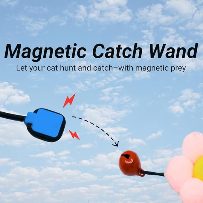 Magnetic Catch Wand (Compact 24") Cat Toy – Interactive Telescoping Wand for Indoor Cats and Kittens, Magnetic Easy Catch & Release, Durable Enrichment Toy with 3 Lures